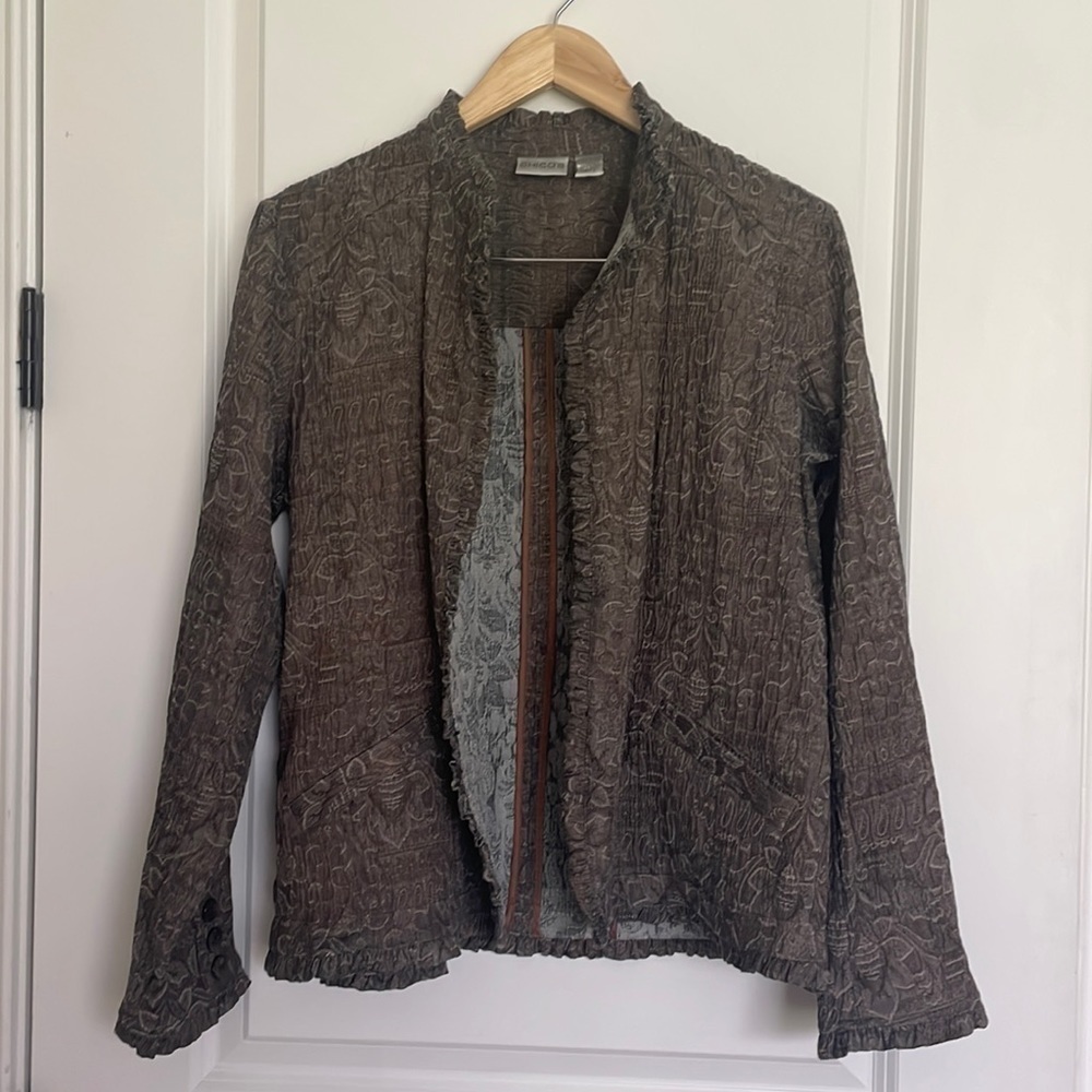 Chico’s Women’s Open Front Ruffled Blazer Brown/Grey/Taupe L